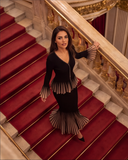 Black Rib-Knit Peplum Cardigan & Pleated Maxi Skirt Set with Jewel Buttons
