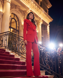 Red 3D Flower Appliqué Blazer & Flared Trousers Set