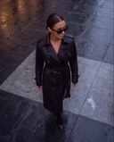 Black Faux Leather Belted Trench Coat