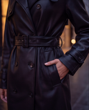 Black Faux Leather Belted Trench Coat