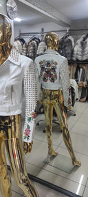 GIACCA BIKER IN VERA PELLE RICAMATA IN BIANCO
