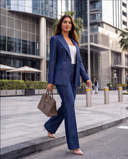Indigo Denim-Look Blazer & Flared Trousers Set with Gold Buttons
