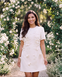 Ivory 3D Floral Appliqué Short-Sleeve Mini Dress with Crystal Drops