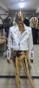 GIACCA BIKER IN VERA PELLE RICAMATA IN BIANCO