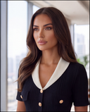 Black Rib-Knit Belted Maxi Dress with Contrast Collar