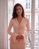 Blush Peach Rib-Knit Peplum Cardigan & Pleated Maxi Skirt Set with Jewel Buttons