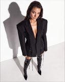 Black Oversized Corset Lace-Up Blazer with Peak Lapels