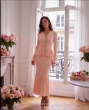 Blush Peach Rib-Knit Peplum Cardigan & Pleated Maxi Skirt Set with Jewel Buttons