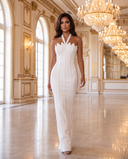 Model wearing the white sculpt beaded gown