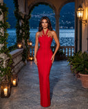 Model wearing the scarlet sculpt beaded gown