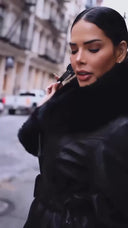 Real Fox Fur and Genuine Leather Coat in black