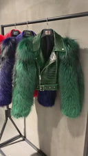 Leather Biker Jacket with Fox Fur Sleeves