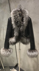 Cropped Shearling Leather Coat with Natural Fur Sleeves