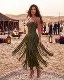 Model wearing the olive fringe bandage dress