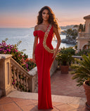 Model wearing the red crystal one-shoulder bandage maxi dress