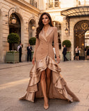 Model wearing the camel satin-lapel tuxedo maxi dress