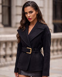 Model wearing the black belted jacket with gold buckle