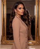 Model wearing the camel satin-lapel tuxedo maxi dress