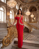 Model wearing the red crystal one-shoulder bandage maxi dress