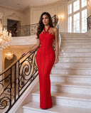 Model wearing the scarlet sculpt beaded gown