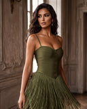 Model wearing the olive fringe bandage dress
